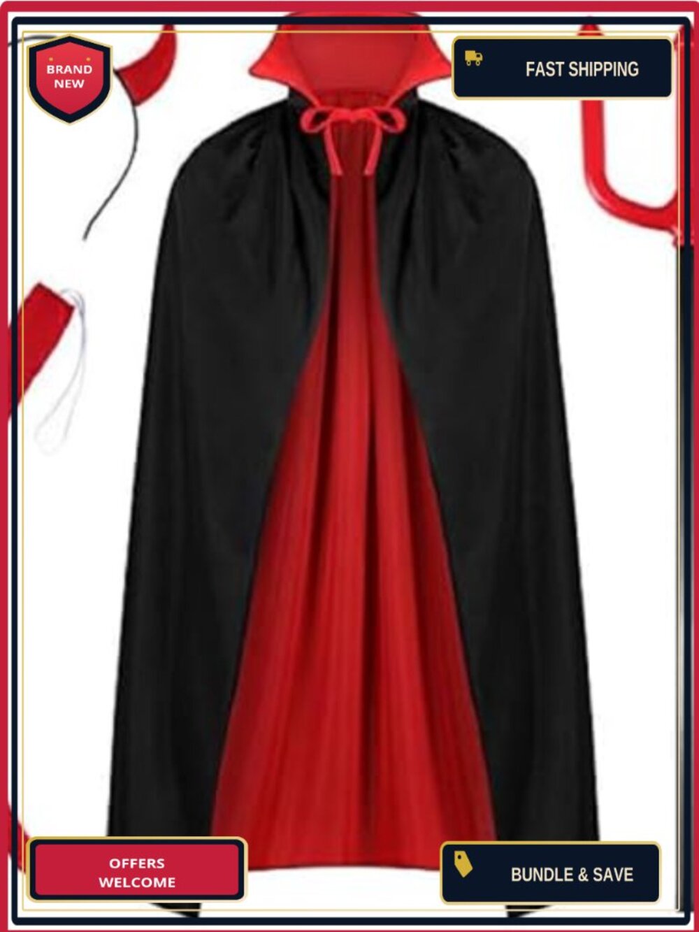 Reversible Devil Cloak Costume Set Horns Tail Fork Halloween